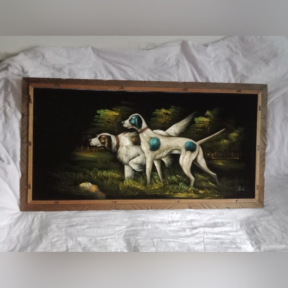 Mid Century Modern Velvet Hunting Hound Dogs Painting Signed - Picture 1 of 11